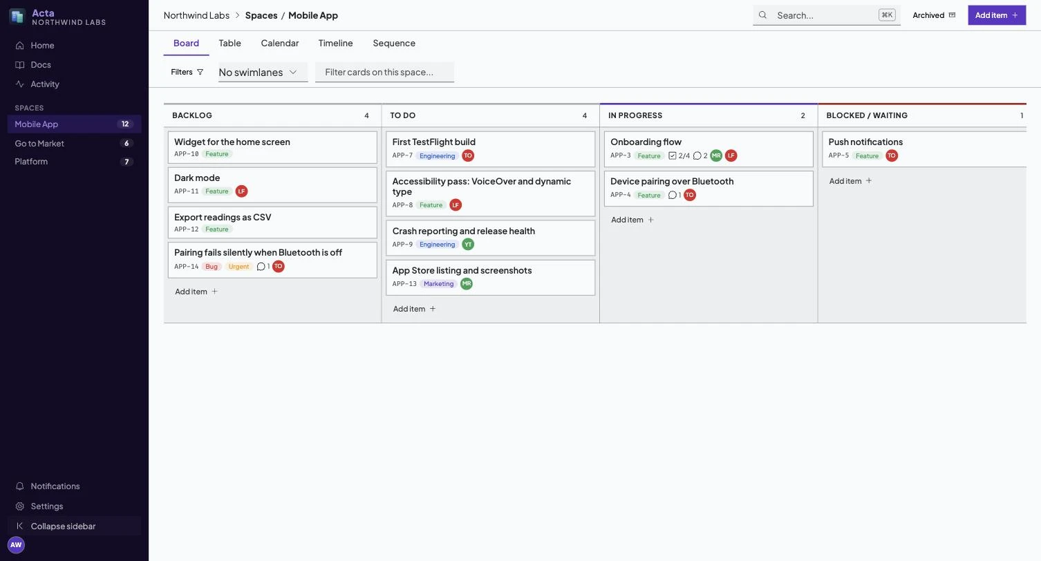 An Acta project board: lists as columns, cards carrying labels, assignees and comment counts.