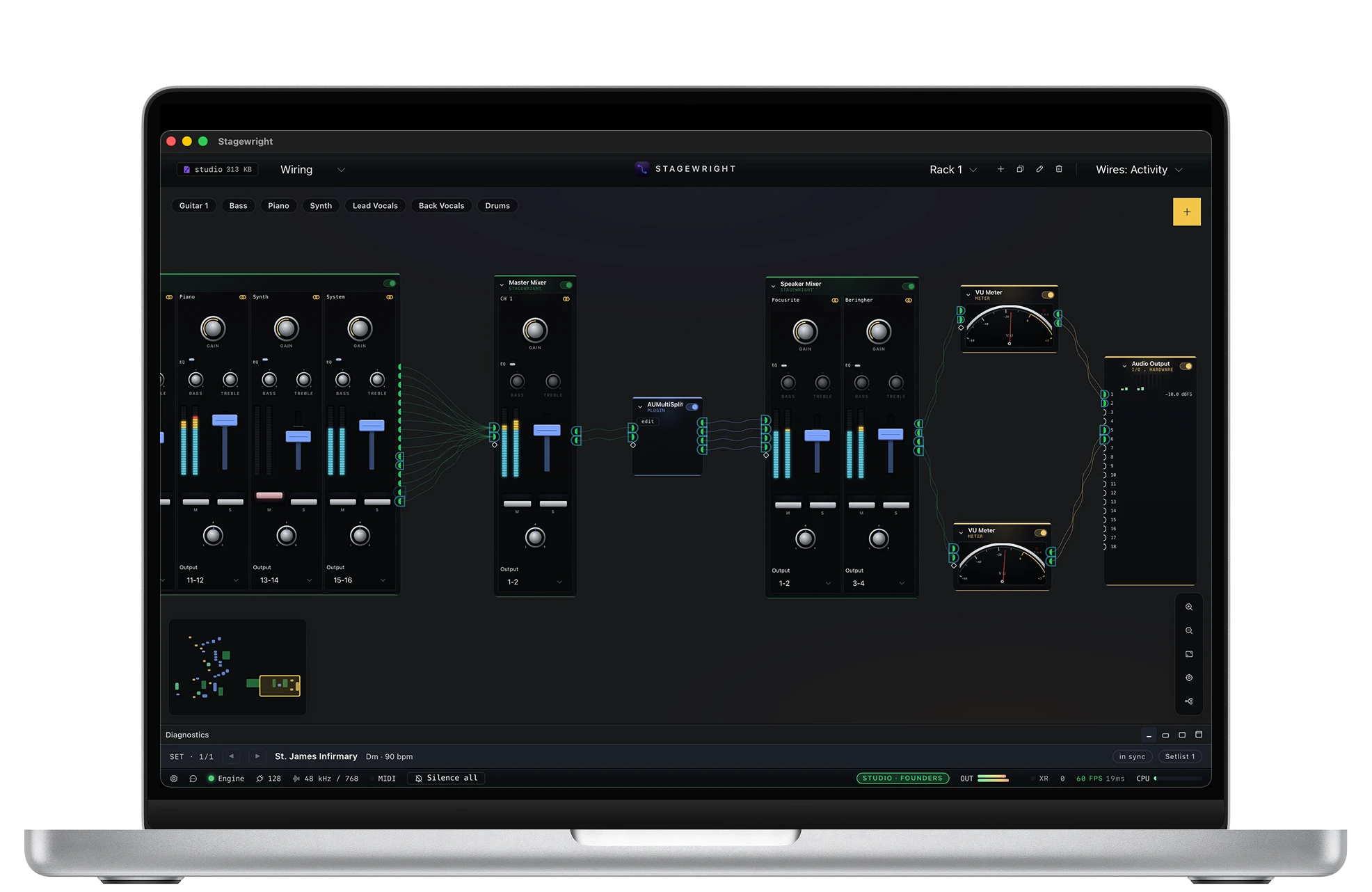 Stagewright's Wiring canvas with a Channel Mixer, VU and True-Peak meters, and signal generator wired across audio buses