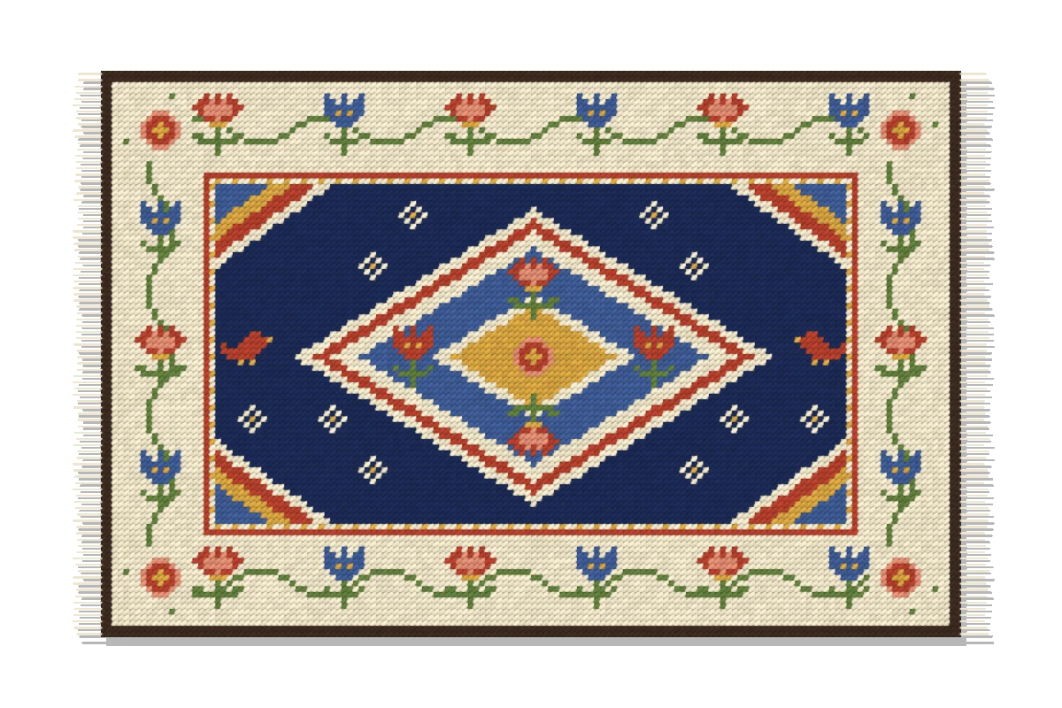 The Arraiolos rug: cream with a navy field, red carnations and blue tulips