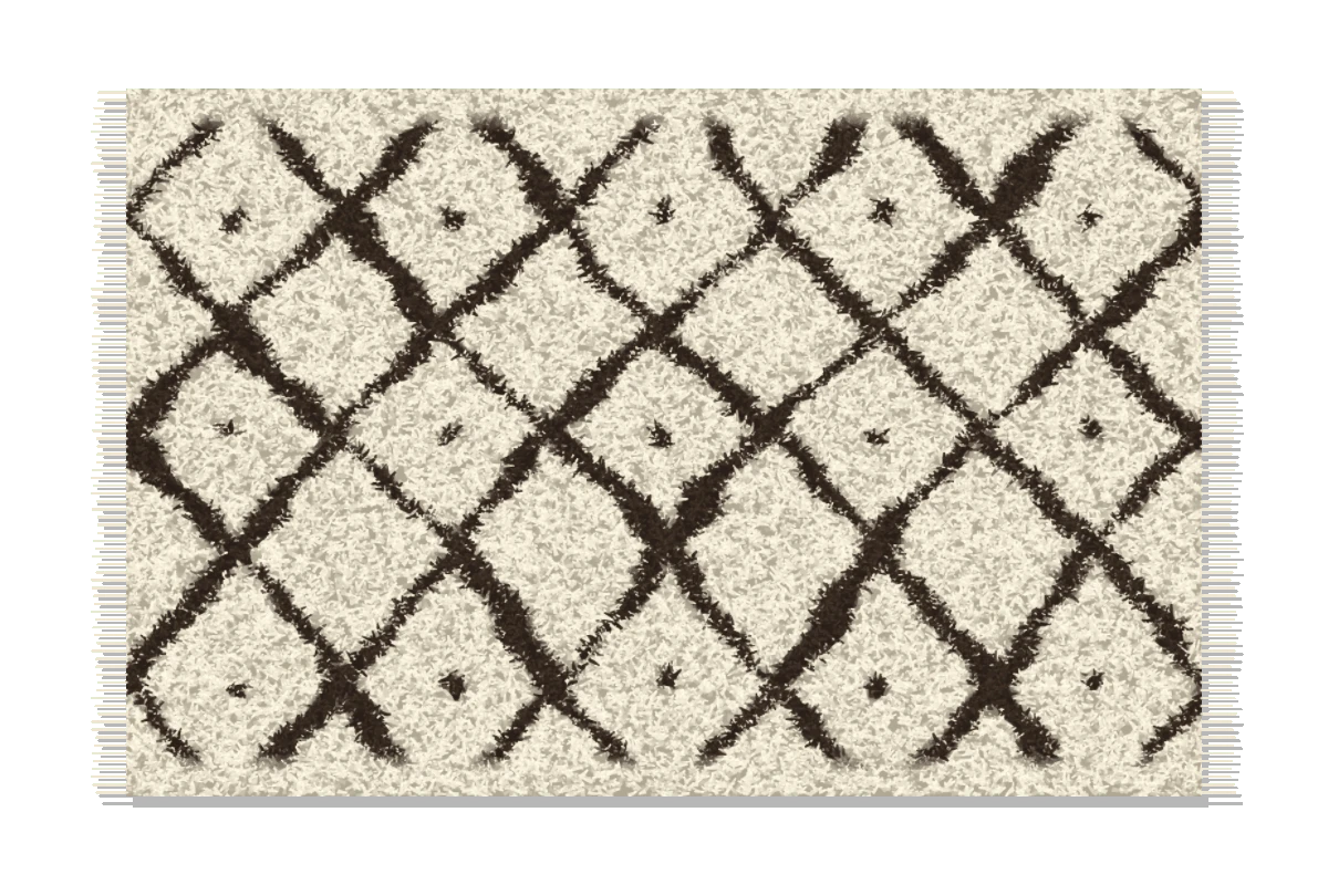 The Beni Ourain rug: ivory shag with a dark hand-drawn lattice