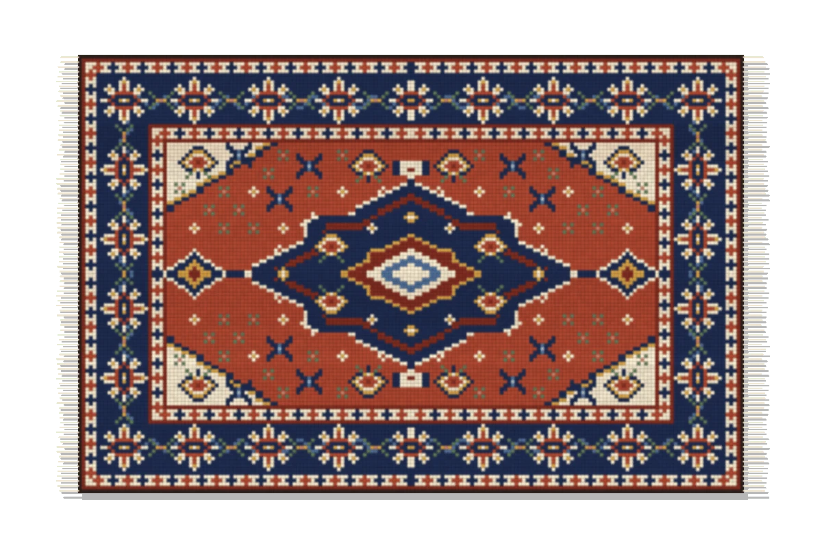 The Heriz rug: a navy medallion on a brick red field