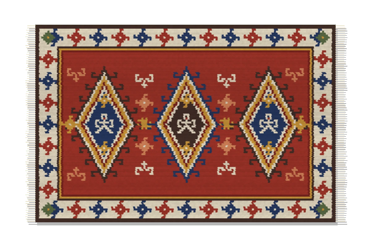 The Kilim rug: hooked lozenges in red, indigo and saffron