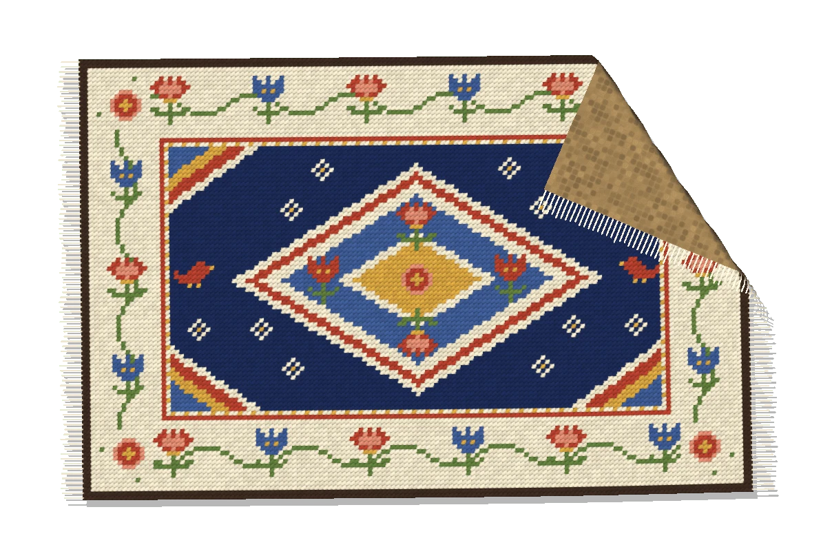 The Arraiolos rug with a corner folded back, showing a jute canvas backing