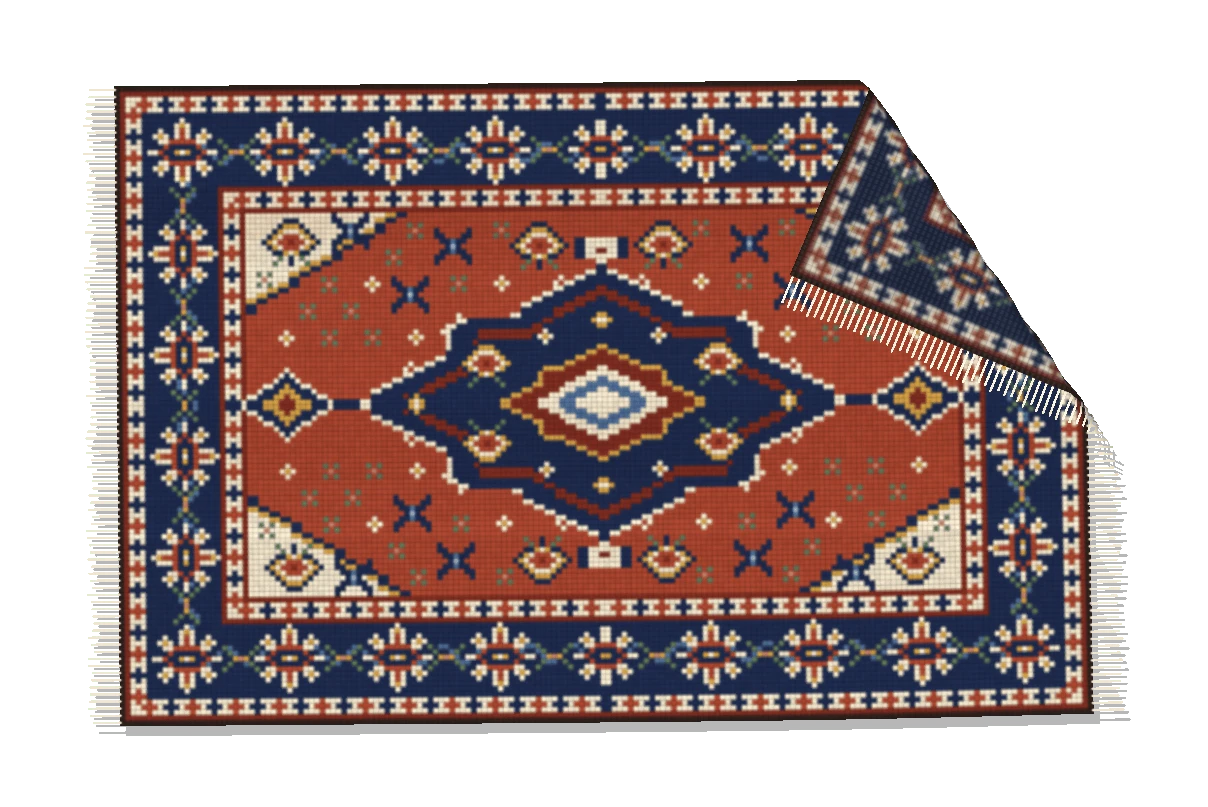 The Heriz rug with a corner folded back, showing the knotted design on its underside
