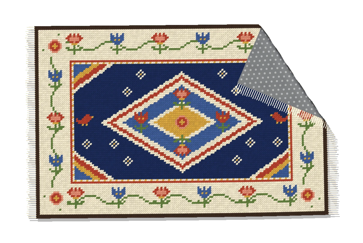 The Arraiolos rug with a corner folded back, showing a grey rubber backing