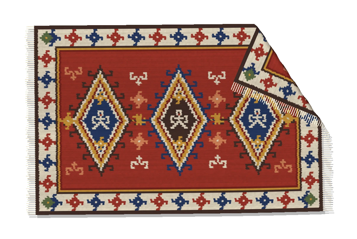 The Kilim rug with a corner folded back, showing the same pattern on its underside